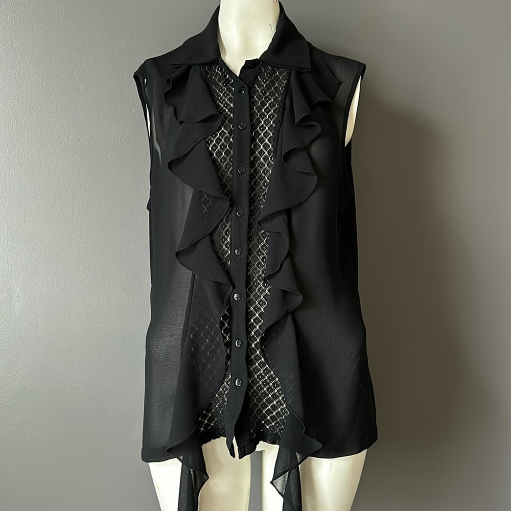 Kardashian Kollection Black Sheer Sleeveless Button Top Shirt size L